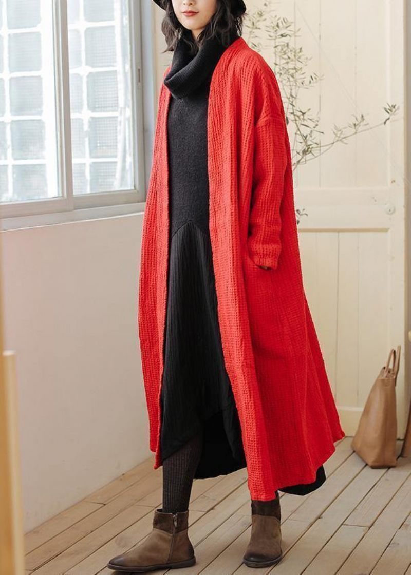 Naturlig Rød Plus Size Trenchcoat Outfits Lommer Falder Kvinder Frakker - Rød