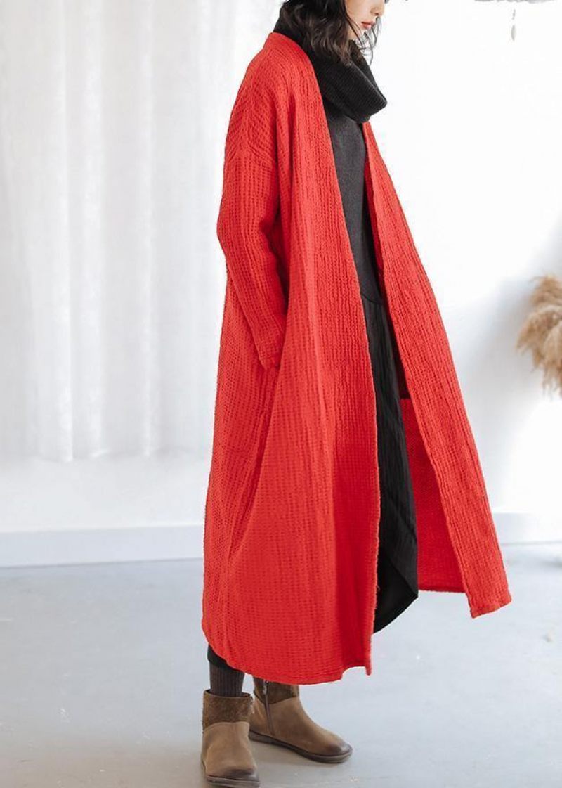 Naturlig Rød Plus Size Trenchcoat Outfits Lommer Falder Kvinder Frakker - Rød