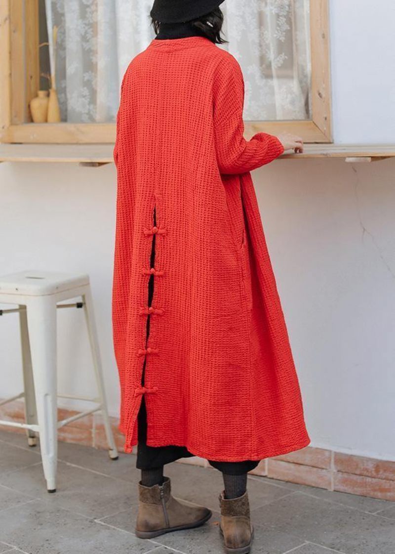Naturlig Rød Plus Size Trenchcoat Outfits Lommer Falder Kvinder Frakker - Rød