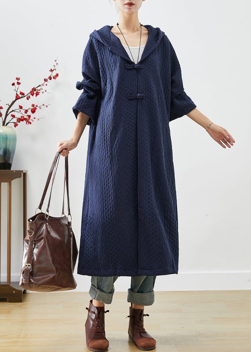 Navy Cotton Trench Coat Oversized Kinesisk Knap Fall - Dame trenchcoats