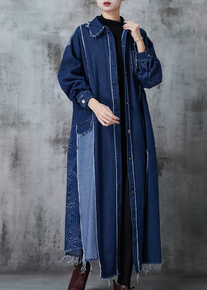 Navy Patchwork Applique Denim Trench Oversized Fjeder - Dame trenchcoats