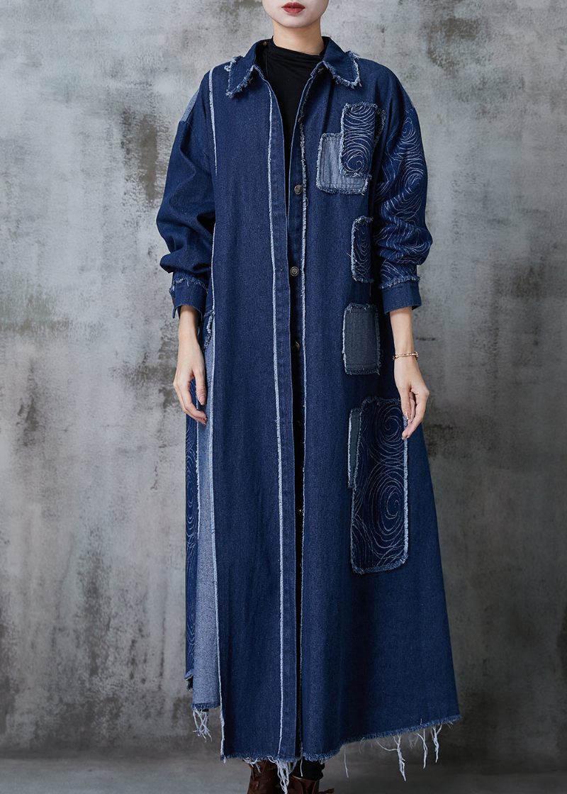 Navy Patchwork Applique Denim Trench Oversized Fjeder - Dame trenchcoats