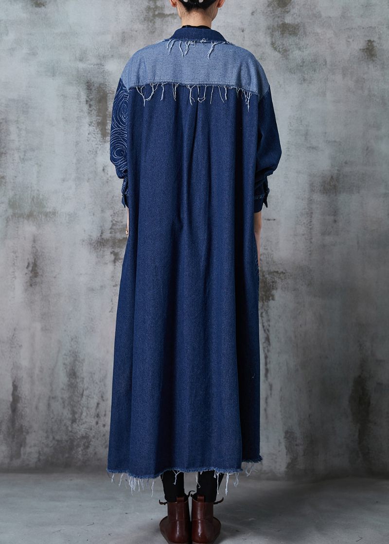 Navy Patchwork Applique Denim Trench Oversized Fjeder - Dame trenchcoats