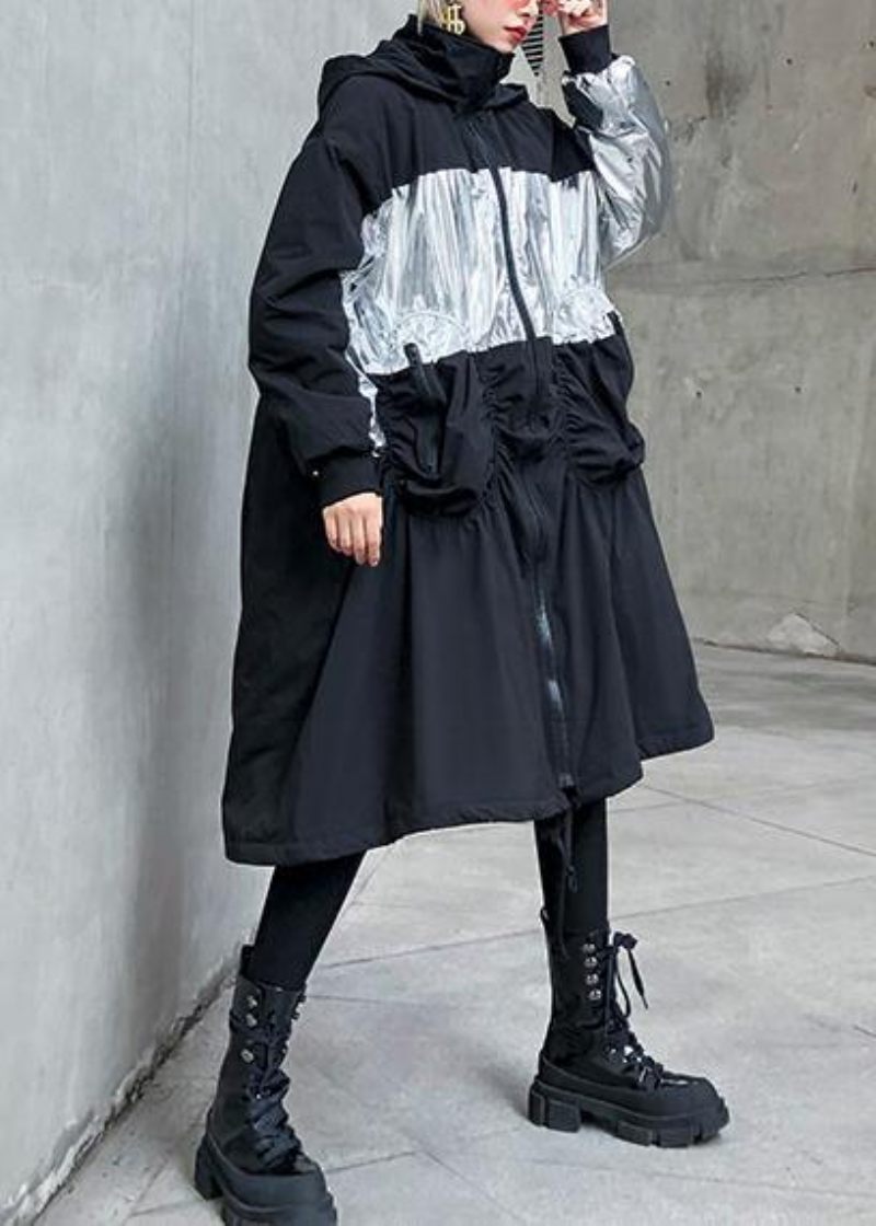 Nye Trendy Plus Size Frakker Outwear Sorte Vinterparkaer Med Snøre Og Hætte - Dame trenchcoats
