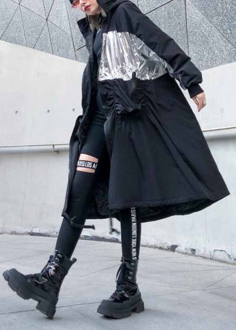 Nye Trendy Plus Size Frakker Outwear Sorte Vinterparkaer Med Snøre Og Hætte - Dame trenchcoats