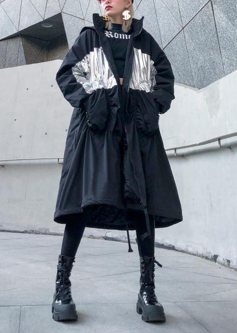 Nye Trendy Plus Size Frakker Outwear Sorte Vinterparkaer Med Snøre Og Hætte - Dame trenchcoats