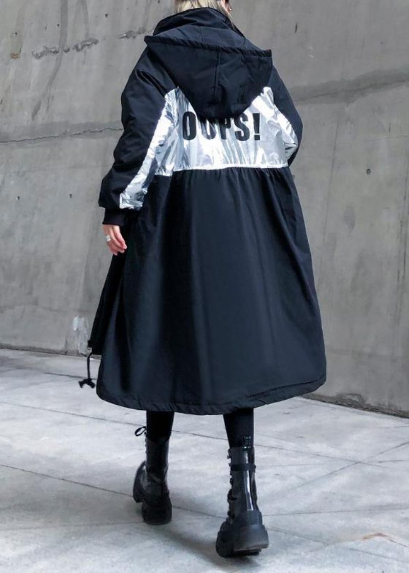 Nye Trendy Plus Size Frakker Outwear Sorte Vinterparkaer Med Snøre Og Hætte - Dame trenchcoats