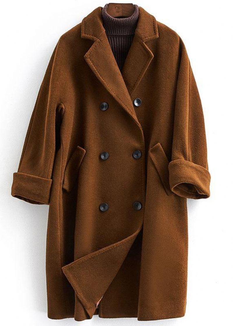 Nyt Trendy Plus Size Frakke Dobbelt Bryst Rød Med Kærv Ulden Overfrakke - Dame trenchcoats