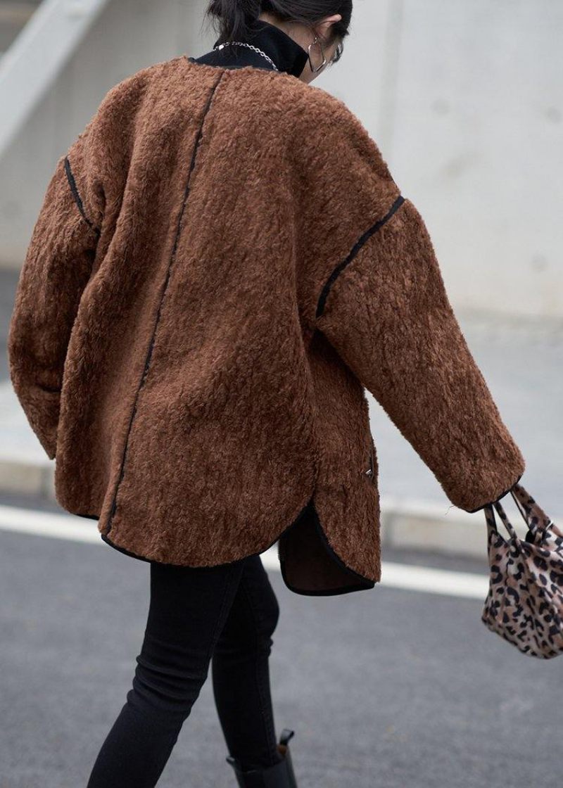 Oversized Frakker Kvinder Chokolade O Hals Lynlås Uld Frakke - Dame trenchcoats