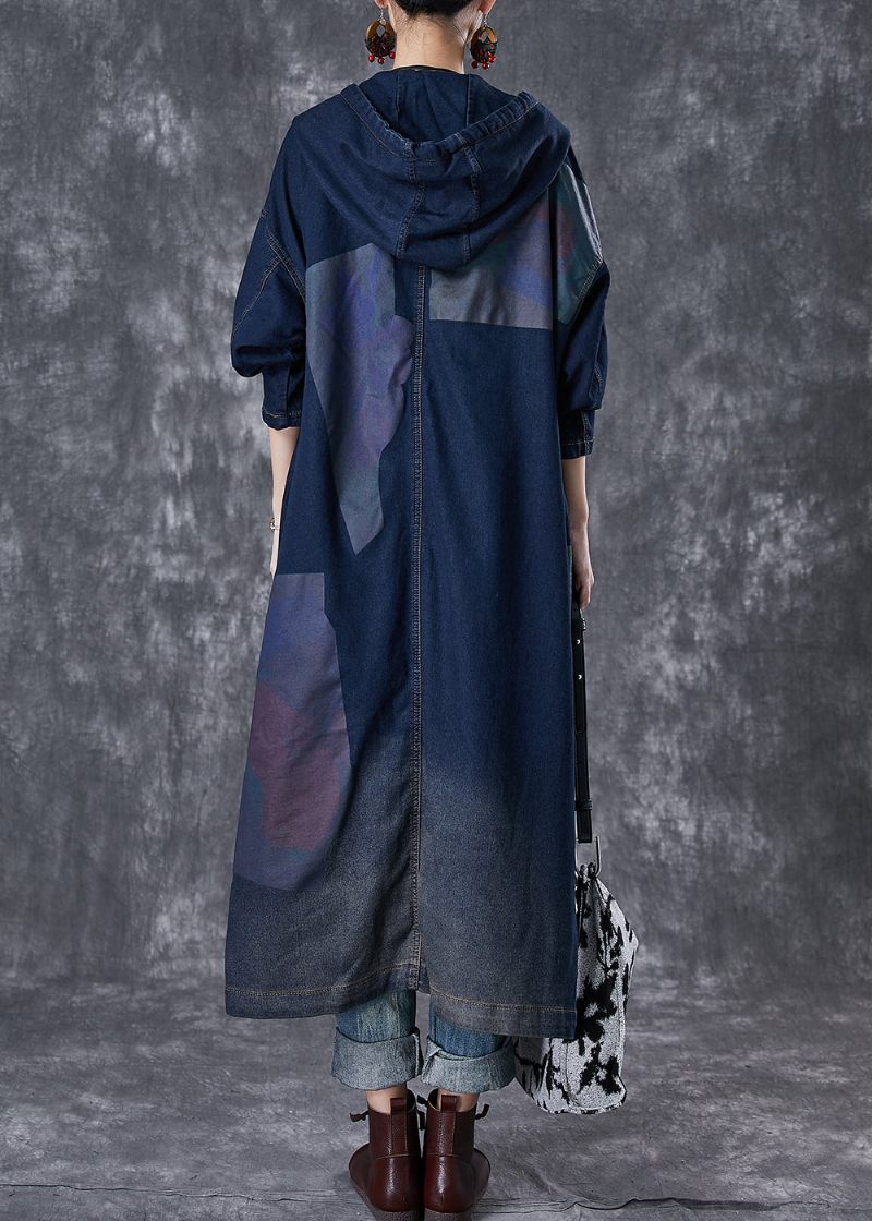 Plus Size Navy Hætte Asymmetriske Store Lommer Denim Trench Fall - Dame trenchcoats