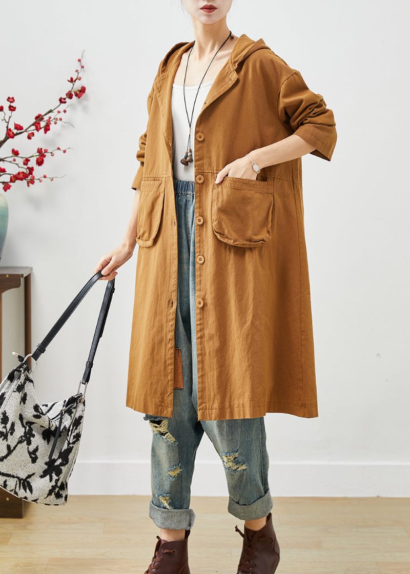Plus Size Orange Hættelommer Bomuld Frakke Outwear Spring - Dame trenchcoats