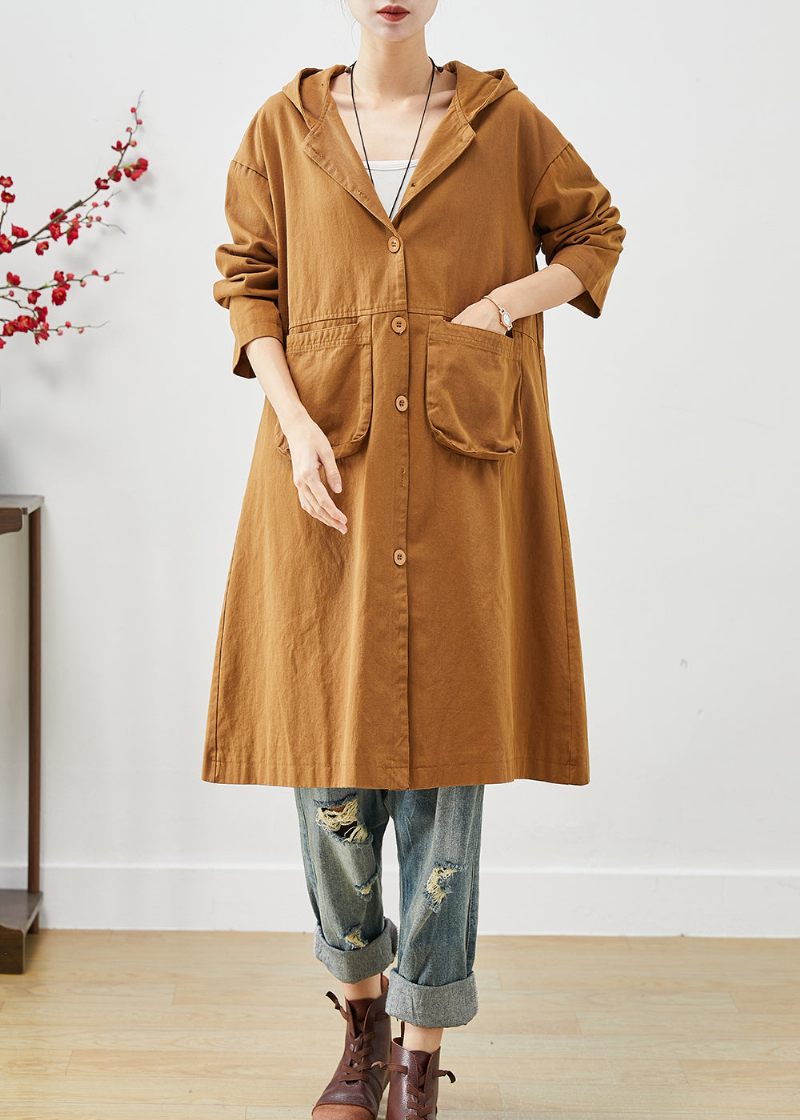 Plus Size Orange Hættelommer Bomuld Frakke Outwear Spring - Dame trenchcoats