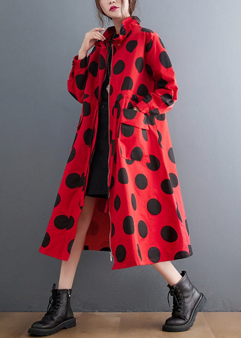 Plus Size Røde Flæsede Lommer Dot Snøre Bomuld Frakker Spring - Dame trenchcoats