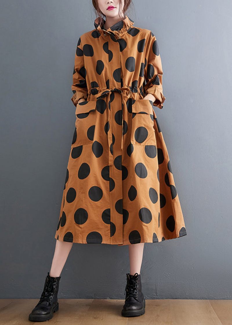 Plus Size Røde Flæsede Lommer Dot Snøre Bomuld Frakker Spring - Dame trenchcoats