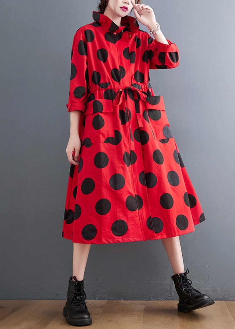 Plus Size Røde Flæsede Lommer Dot Snøre Bomuld Frakker Spring - Dame trenchcoats