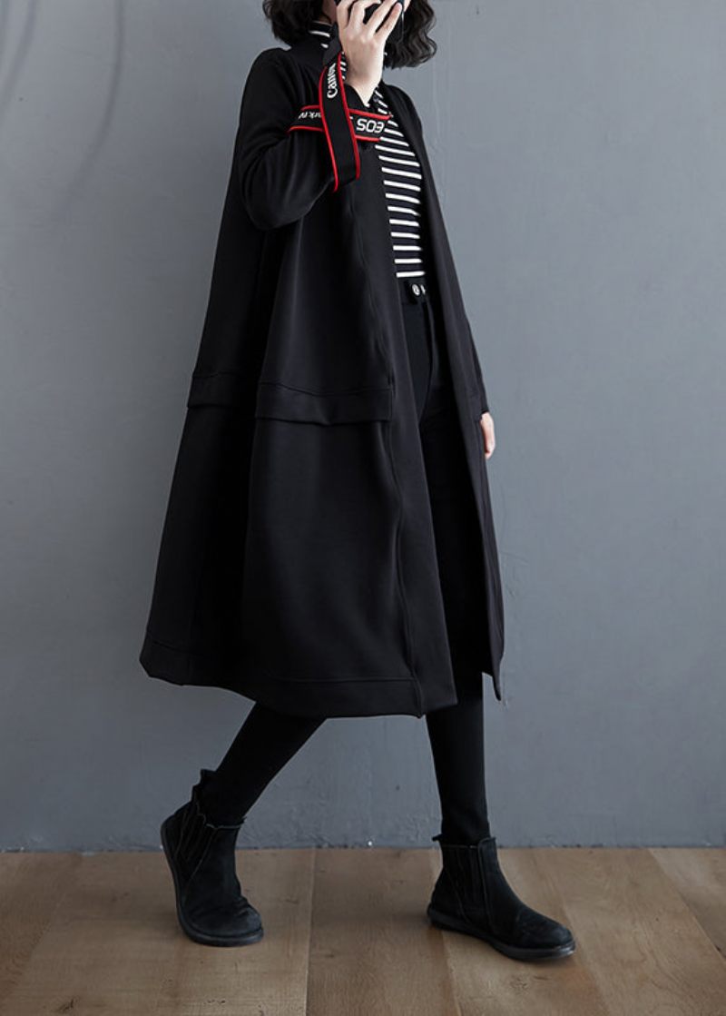 Plus Size Sort V-halslommer Bomuld Trench Coat Fall - Dame trenchcoats