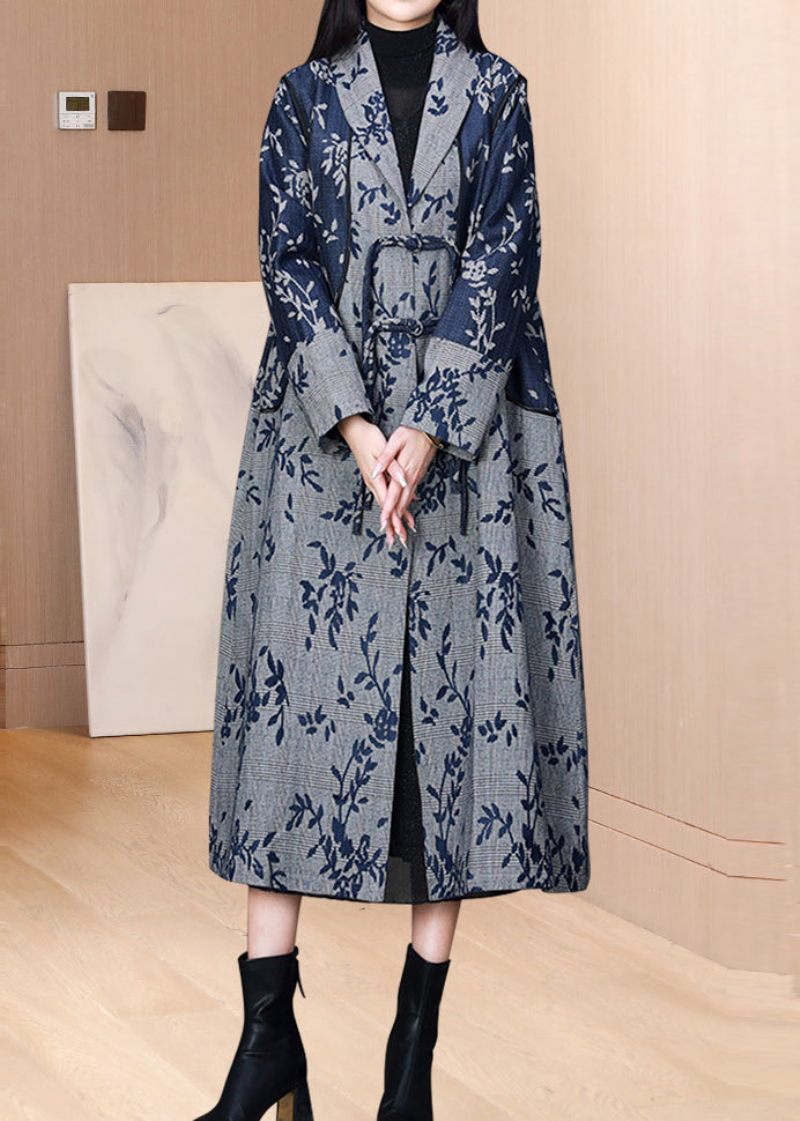 Retro Blå Kvastede Lommer Print Patchwork Bomuld Trench Fall - Dame trenchcoats
