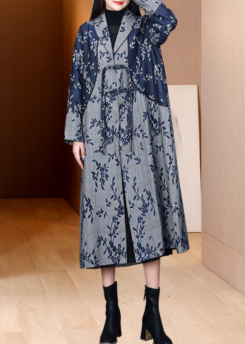 Retro Blå Kvastede Lommer Print Patchwork Bomuld Trench Fall - Dame trenchcoats