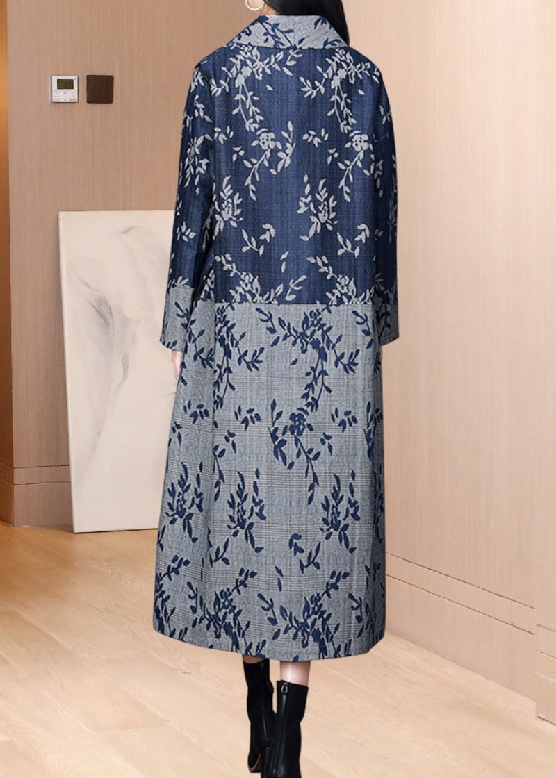Retro Blå Kvastede Lommer Print Patchwork Bomuld Trench Fall - Dame trenchcoats