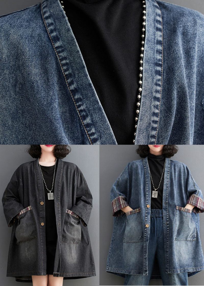 Retro Blå V-hals Stribet Patchwork Denim Trench Coat Langærmet - Blå