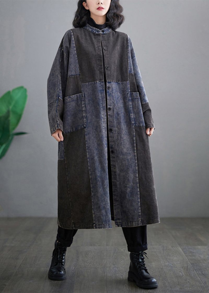 Retro Denim Blå Lommer Patchwork Knap Lange Trenchcoats Langærmede - Dame trenchcoats