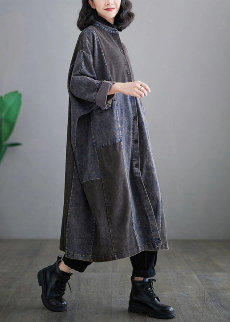 Retro Denim Blå Lommer Patchwork Knap Lange Trenchcoats Langærmede - Dame trenchcoats