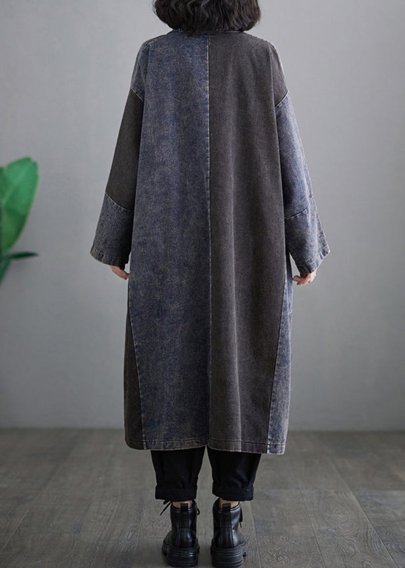 Retro Denim Blå Lommer Patchwork Knap Lange Trenchcoats Langærmede - Dame trenchcoats