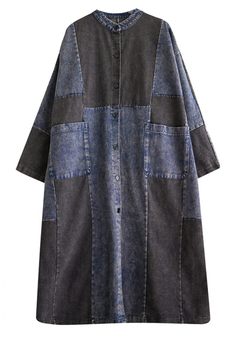 Retro Denim Blå Lommer Patchwork Knap Lange Trenchcoats Langærmede - Dame trenchcoats