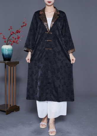 Retro Sort Tandet Patchwork Kinesisk Knap Silke Trenchcoats Forår