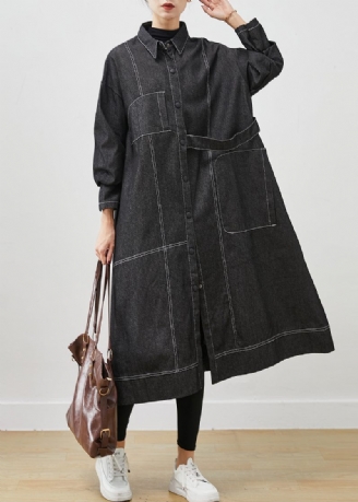 Sort Løs Denim Trench Coat Oversized Lommer Forår