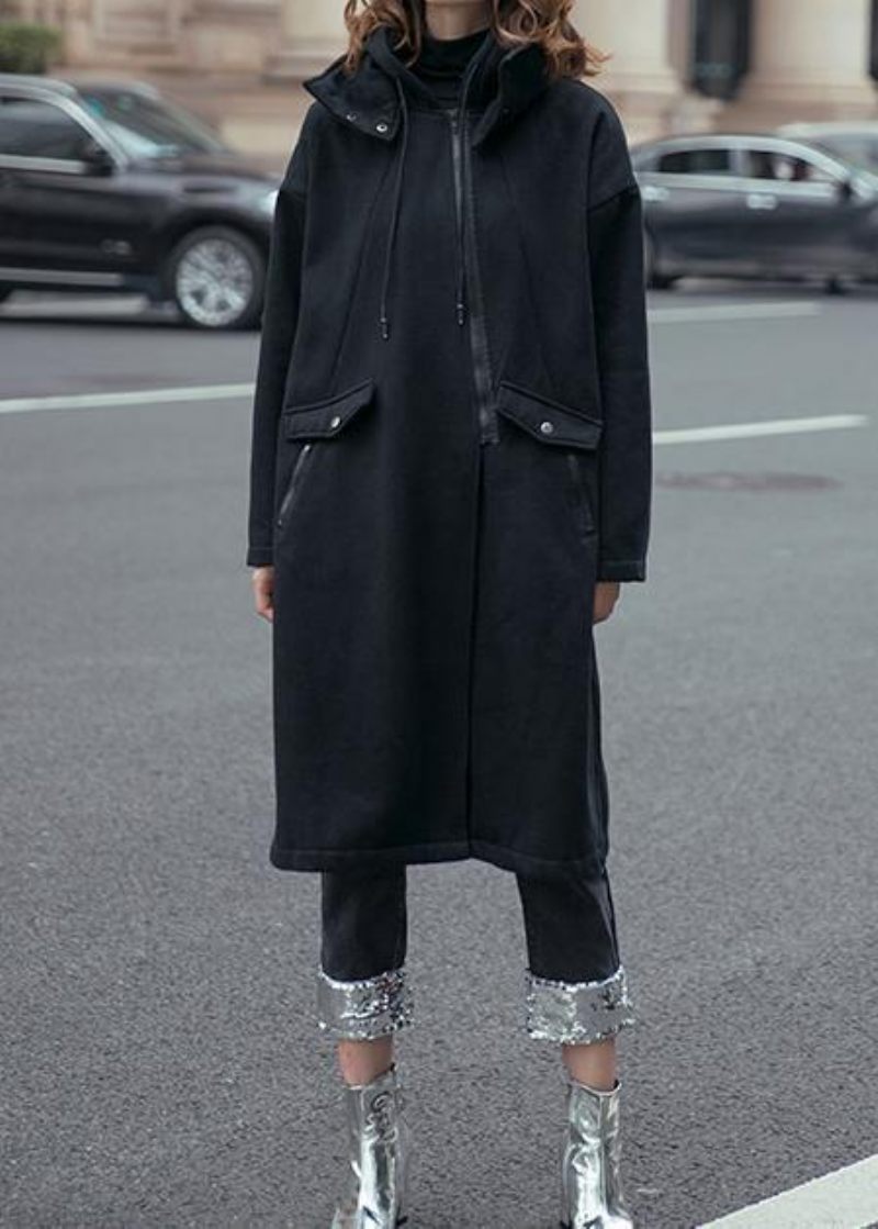 Stil Sorte Fine Frakker Kvinder Hættetræksnor Efterår Outwear - Dame trenchcoats