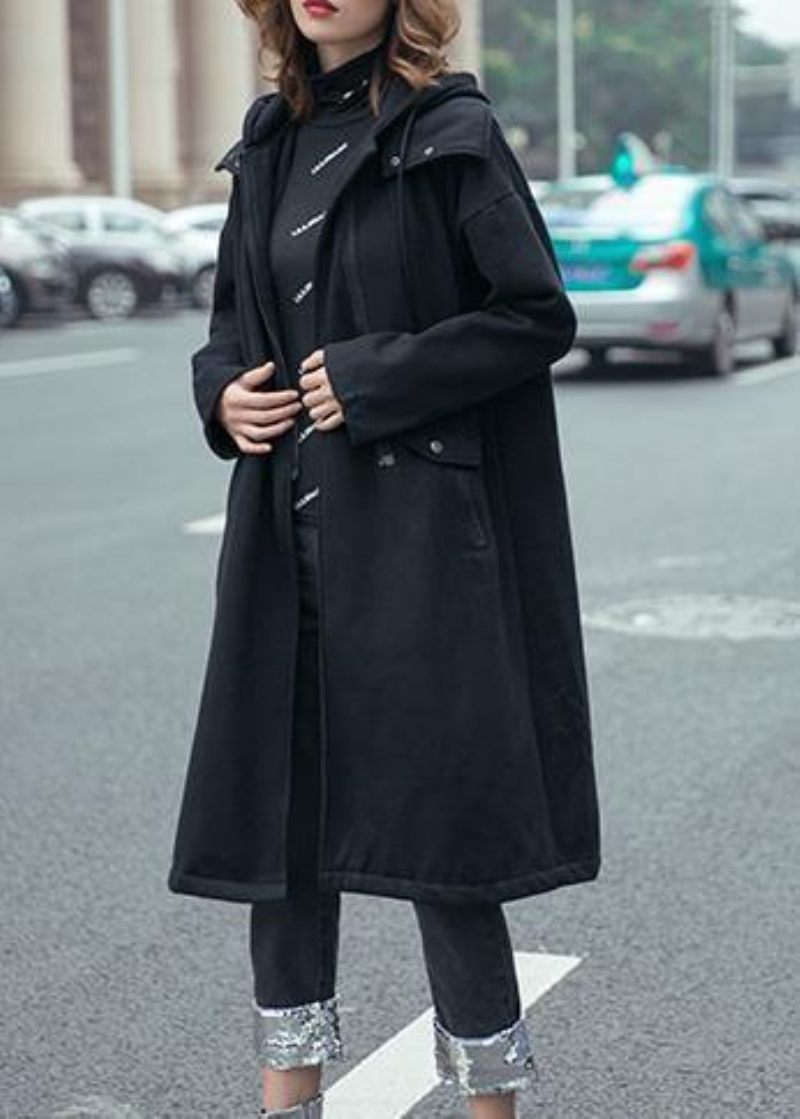 Stil Sorte Fine Frakker Kvinder Hættetræksnor Efterår Outwear - Dame trenchcoats