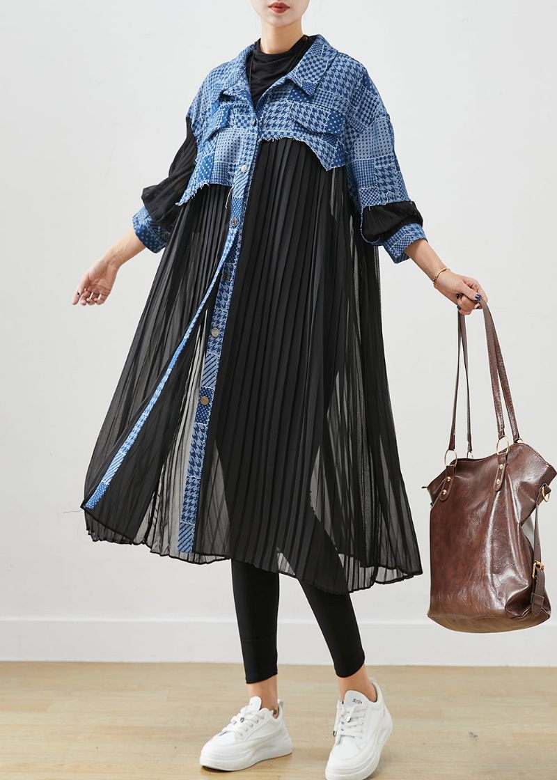 Stilfuld Asymmetrisk Patchwork Rynket Bomuld Trenchcoat Efterår