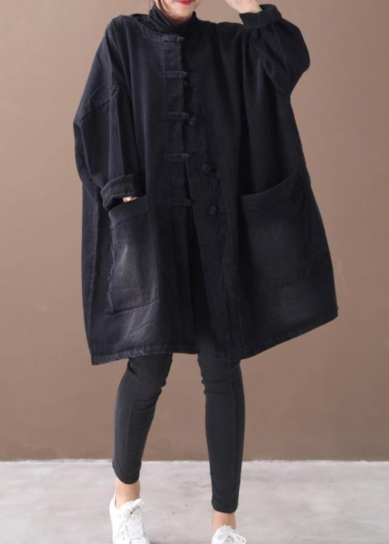 Style Denim Sort Fint Tøj Til Kvinder O Hals Kinesisk Knap Outwear - Sort