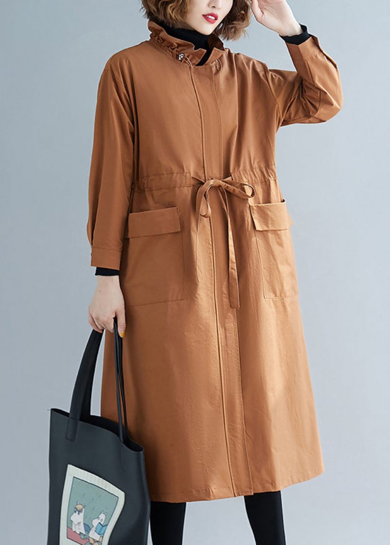 Unik Caramel Stand Krave Lace Up Patchwork Bomuld Trench Coats Efterår