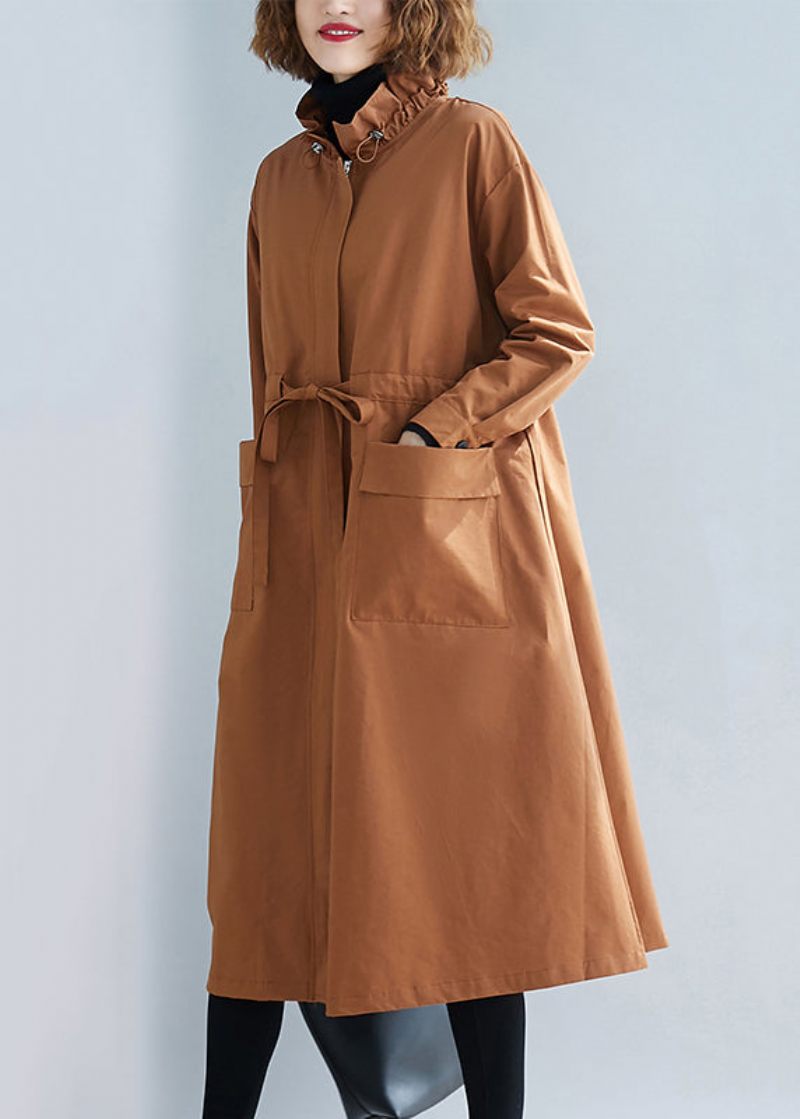 Unik Caramel Stand Krave Lace Up Patchwork Bomuld Trench Coats Efterår - Dame trenchcoats