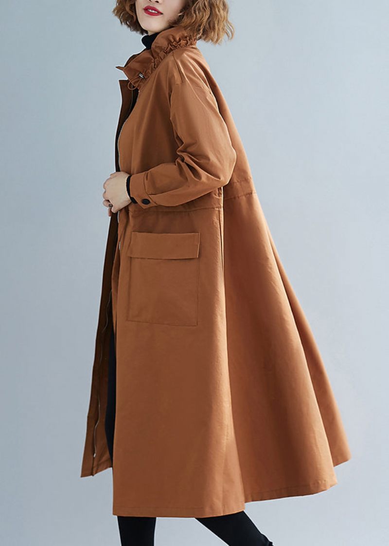 Unik Caramel Stand Krave Lace Up Patchwork Bomuld Trench Coats Efterår - Dame trenchcoats