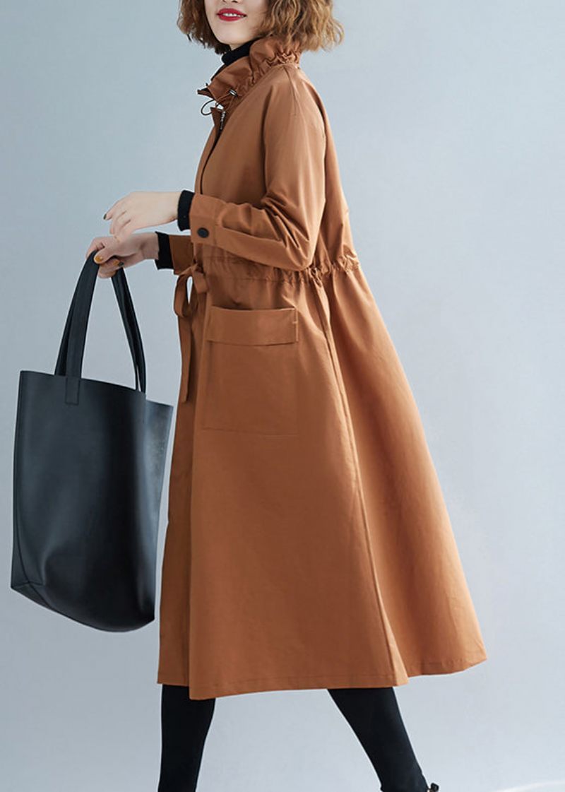 Unik Caramel Stand Krave Lace Up Patchwork Bomuld Trench Coats Efterår - Dame trenchcoats