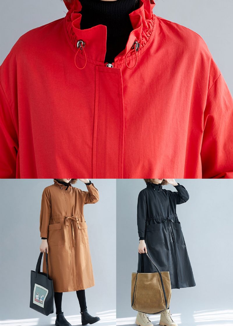 Unik Caramel Stand Krave Lace Up Patchwork Bomuld Trench Coats Efterår - Dame trenchcoats