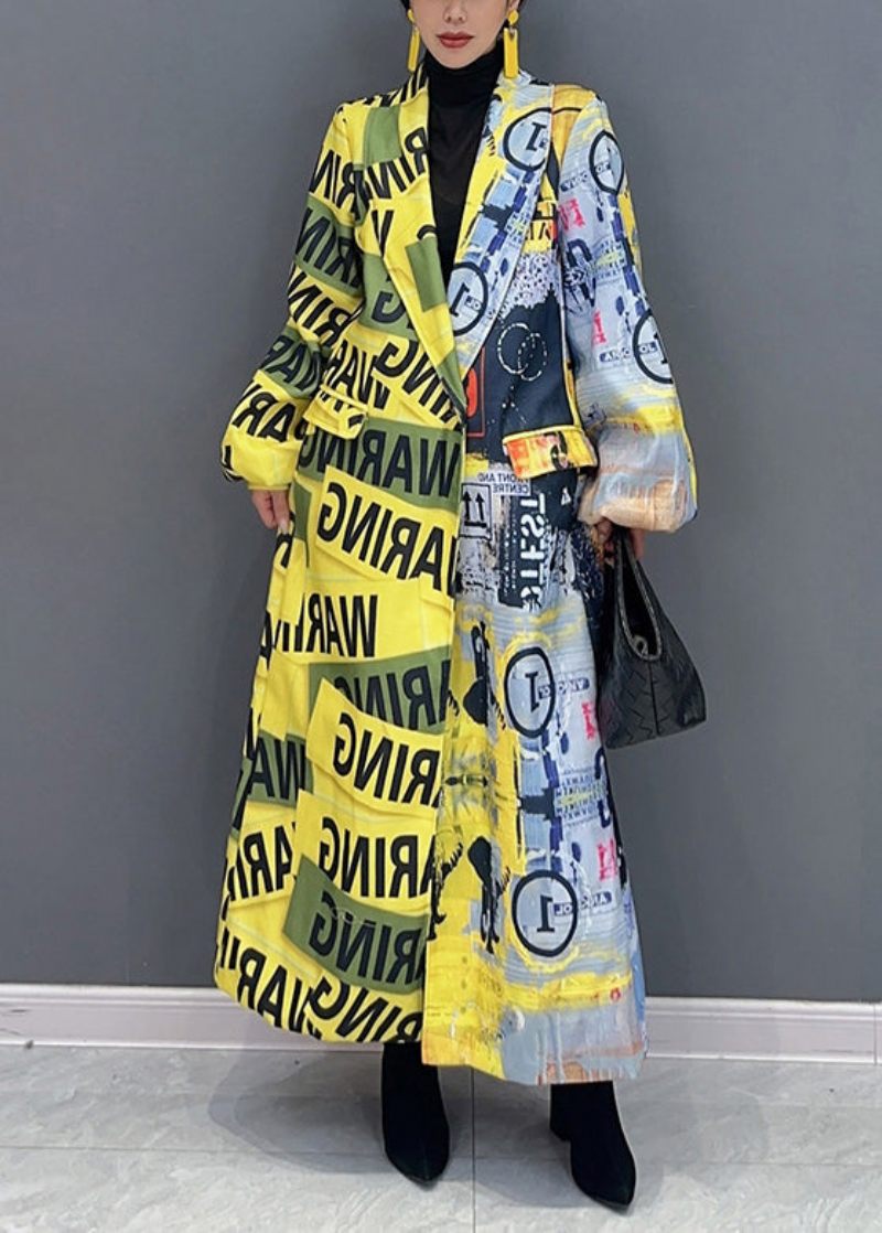 Unik Gul The Press Style Print Lommer Patchwork Bomuld Frakker Efterår - Dame trenchcoats
