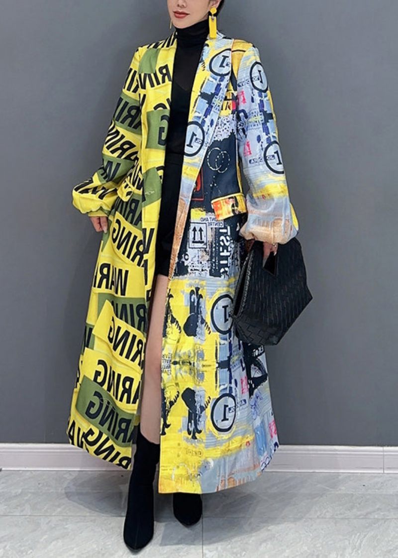 Unik Gul The Press Style Print Lommer Patchwork Bomuld Frakker Efterår - Dame trenchcoats