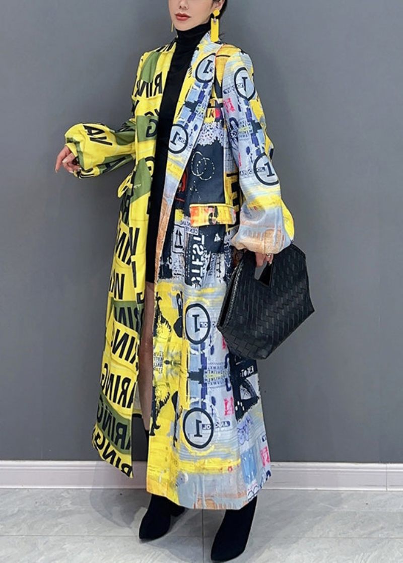 Unik Gul The Press Style Print Lommer Patchwork Bomuld Frakker Efterår - Dame trenchcoats