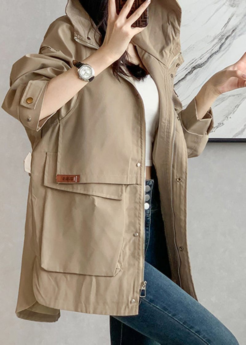 Unikke Khaki Lynlås Patchwork Lommer Hættede Trench Coats Langærmede - Khaki