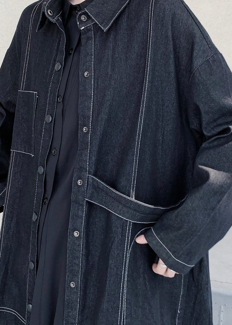 Unikke Mørkeblå Peter Pan Krave Patchwork Lommer Maxi Denim Trench Coats Langærmede - Dame trenchcoats