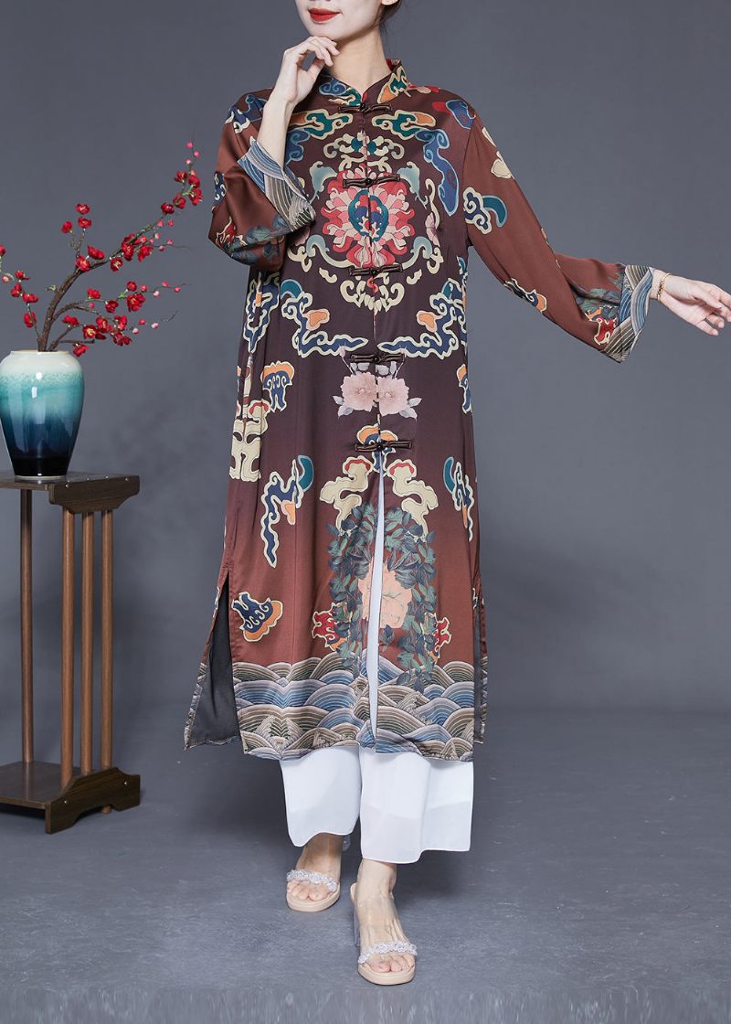 Vintage Brun Mandarin Krave Kinesisk Knap Side Åben Silke Trench Fjeder - Dame trenchcoats
