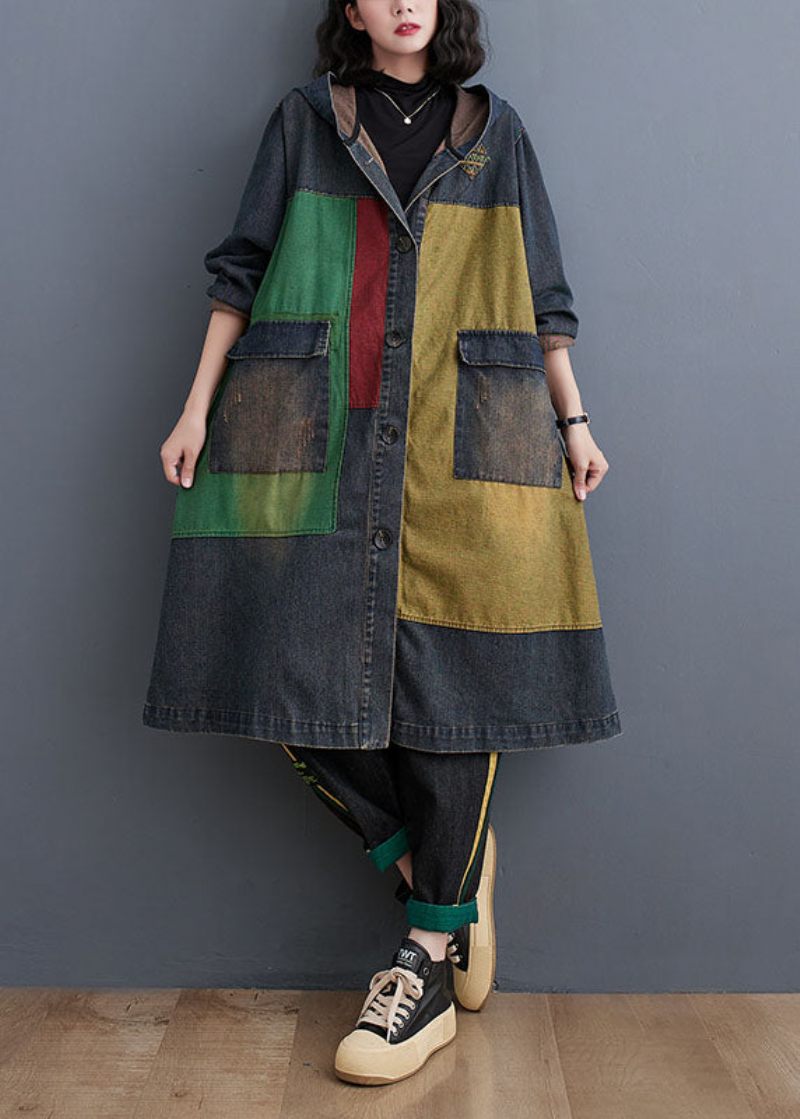 Vintage Colorblock Patchwork Knap Hooded Denim Trench Coat Langærmet