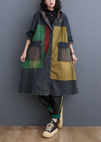 Vintage Colorblock Patchwork Knap Hooded Denim Trench Coat Langærmet
