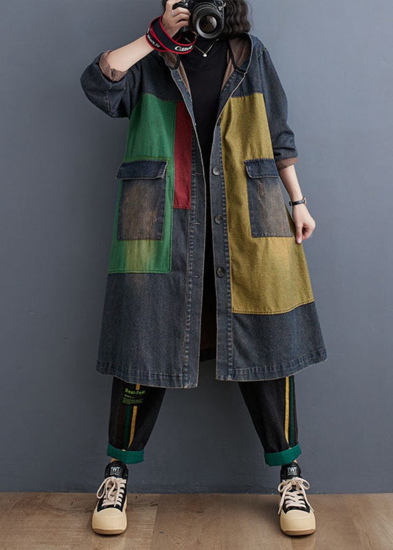 Vintage Colorblock Patchwork Knap Hooded Denim Trench Coat Langærmet - Dame trenchcoats