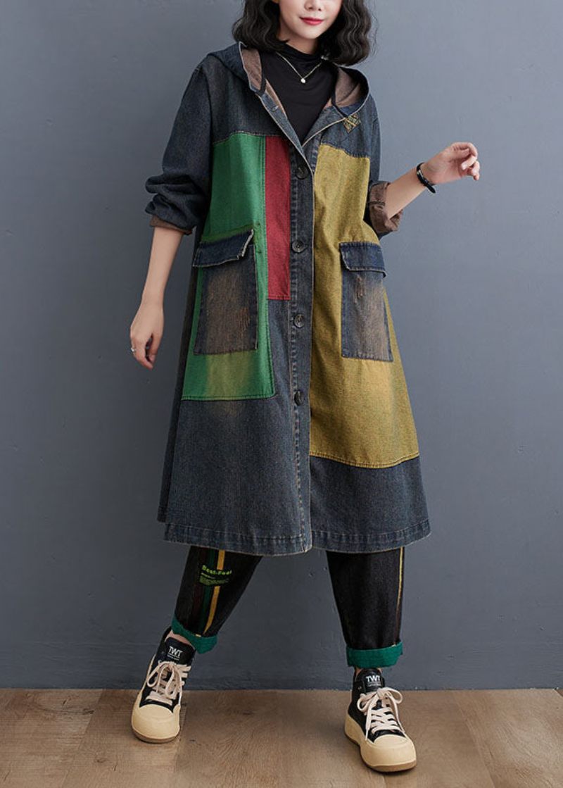 Vintage Colorblock Patchwork Knap Hooded Denim Trench Coat Langærmet - Dame trenchcoats