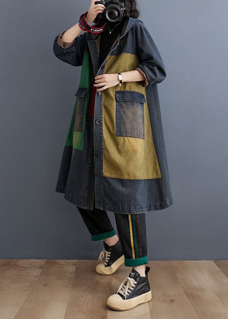 Vintage Colorblock Patchwork Knap Hooded Denim Trench Coat Langærmet - Dame trenchcoats